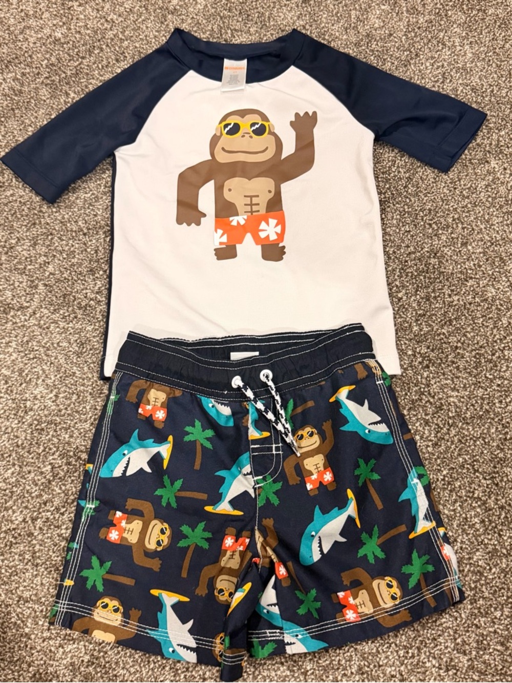 Gymboree Boys Navy Blue and White Monkey Rash Guard Swim Set